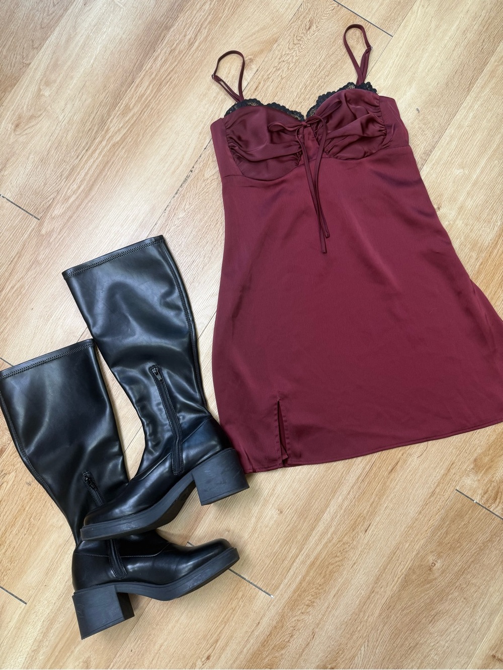 wild fable Burgundy Mini Dress with Black Lace Trim